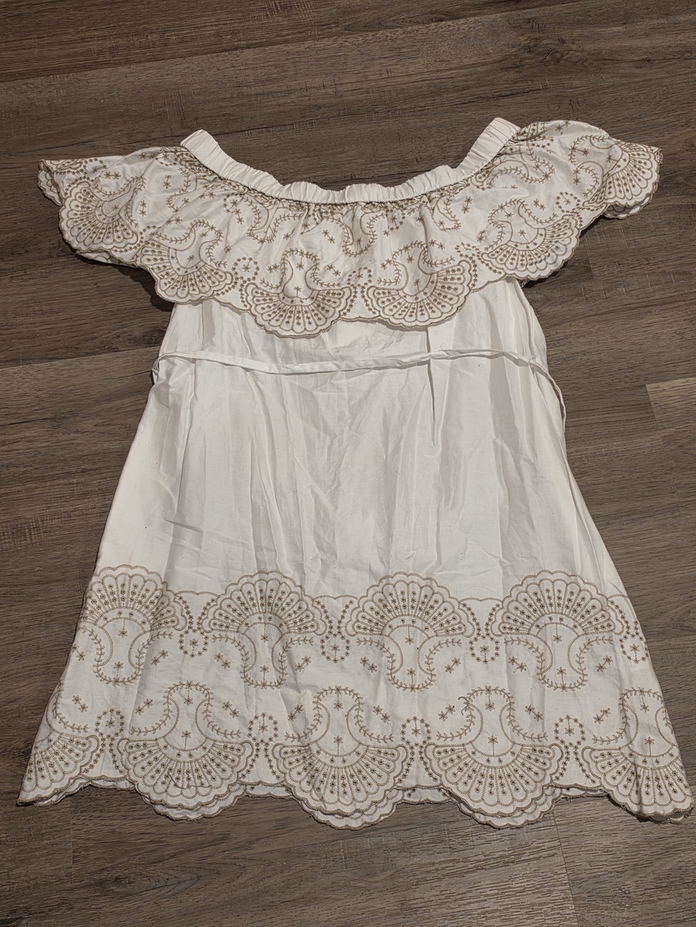 New York & Company White Dress with Gold Embroidered Ruffle